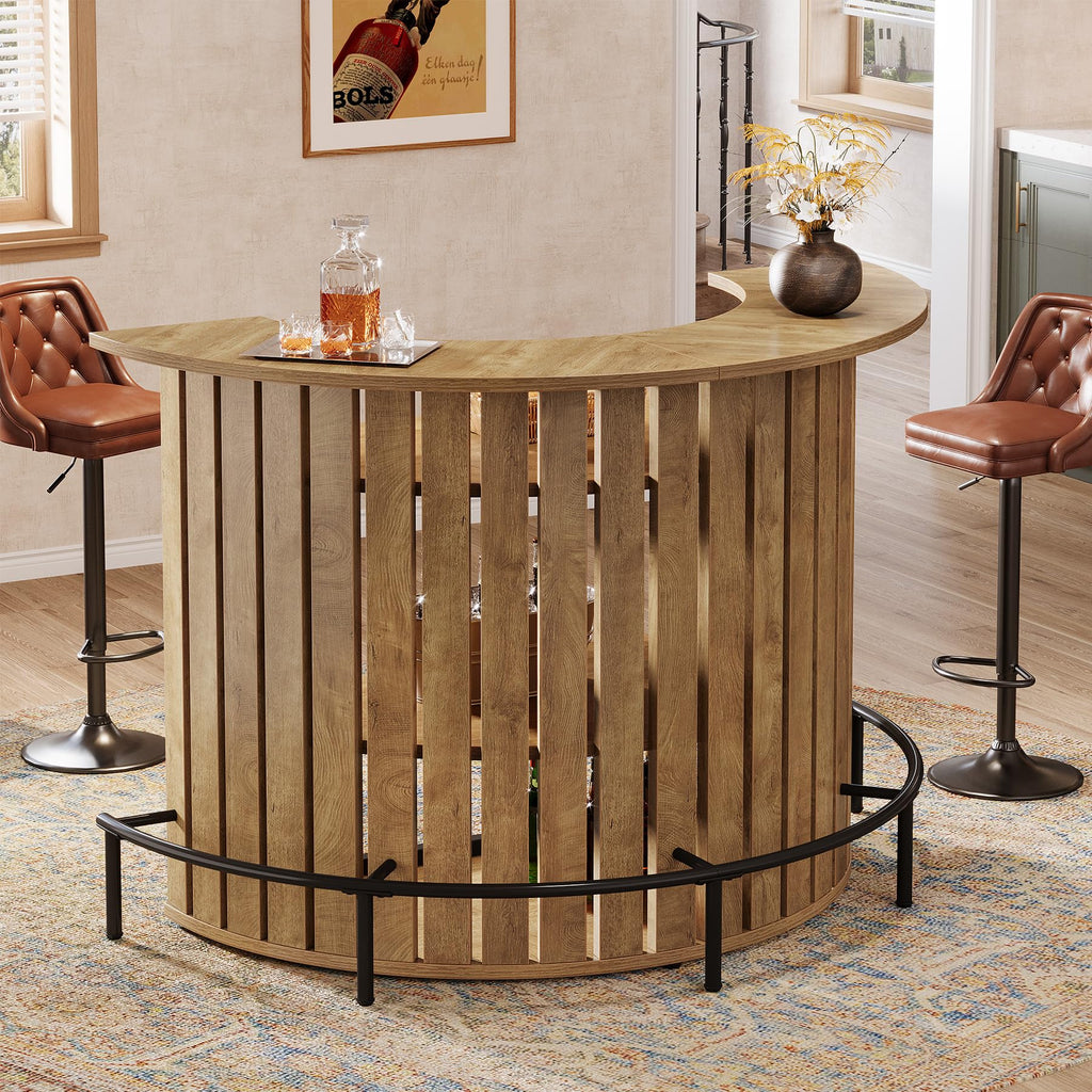4-Tier Bar Table, 47.24" Mini Home Bar Table with Footrest, Arc-Shaped Modern Bar Cabinet, Light Brown