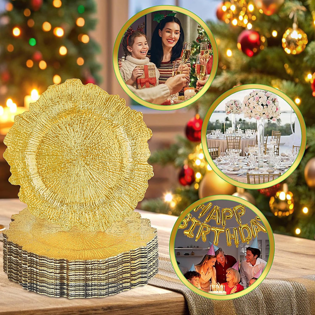 Gold Charger Plates Bulk- 13in Reusable Plastic Chargers - Set of 12