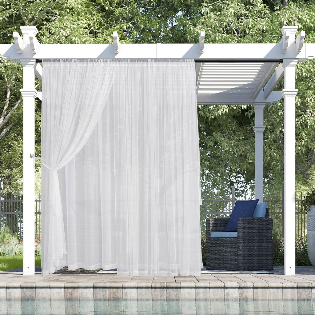 2 Layer Sheer Outdoor Curtains Waterproof Privacy | Light Filtering, Breathable, Drapes for Porch, Pergola, Pavilion