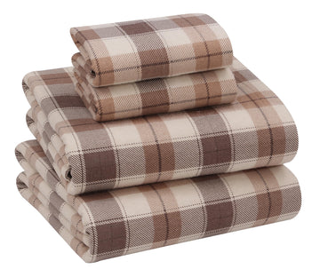 100% Cotton Flannel Sheets, 4 PCs, Beige & Grey Plaid