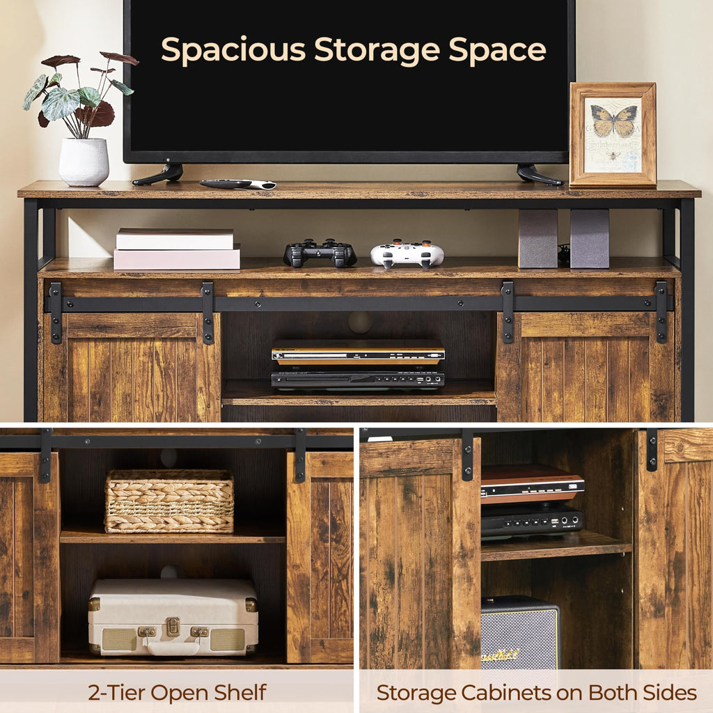 Tall Farmhouse TV Stand for 65 Inch TV, Barn Doors, Rustic Brown