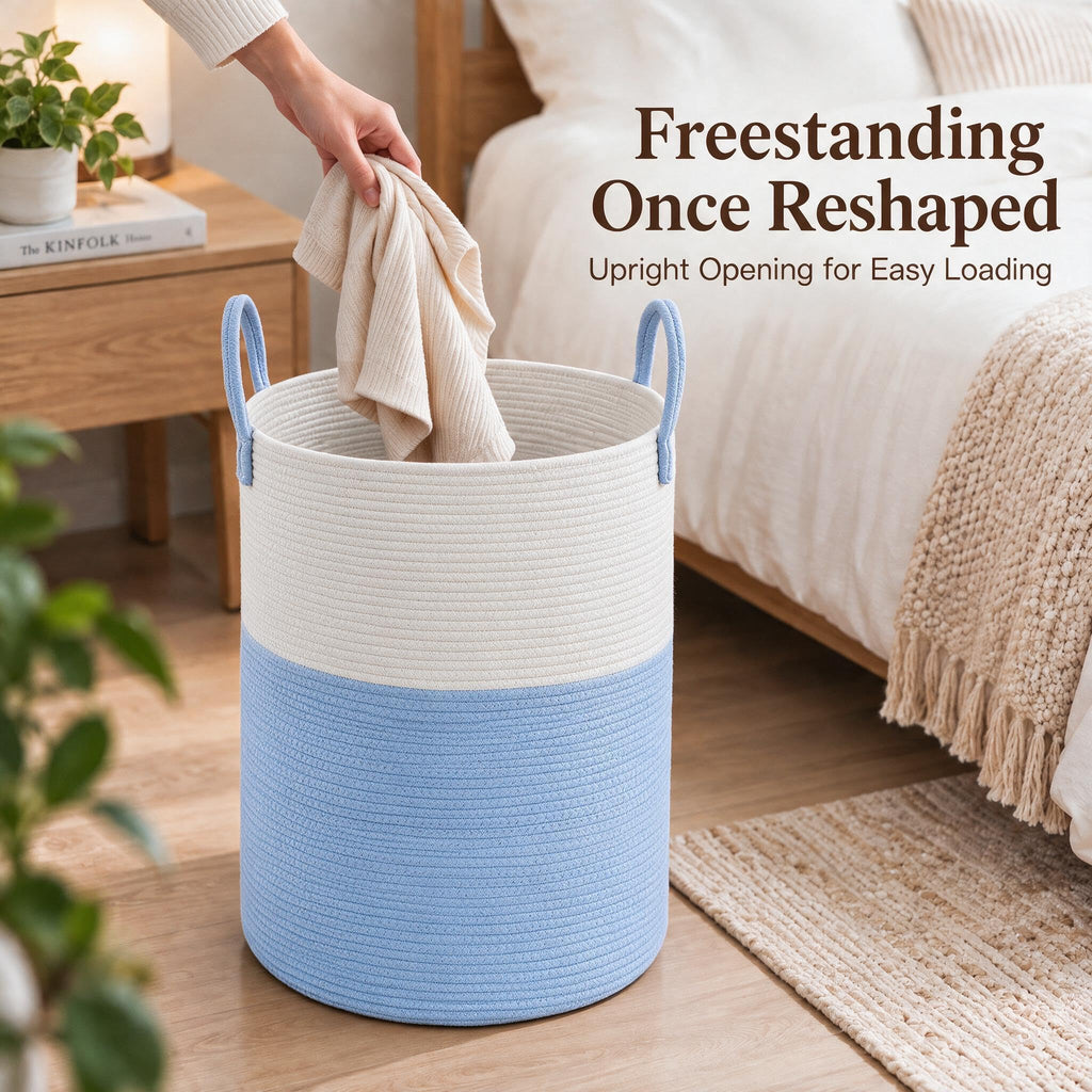 Cotton Rope Laundry Basket Hamper, White & Blue