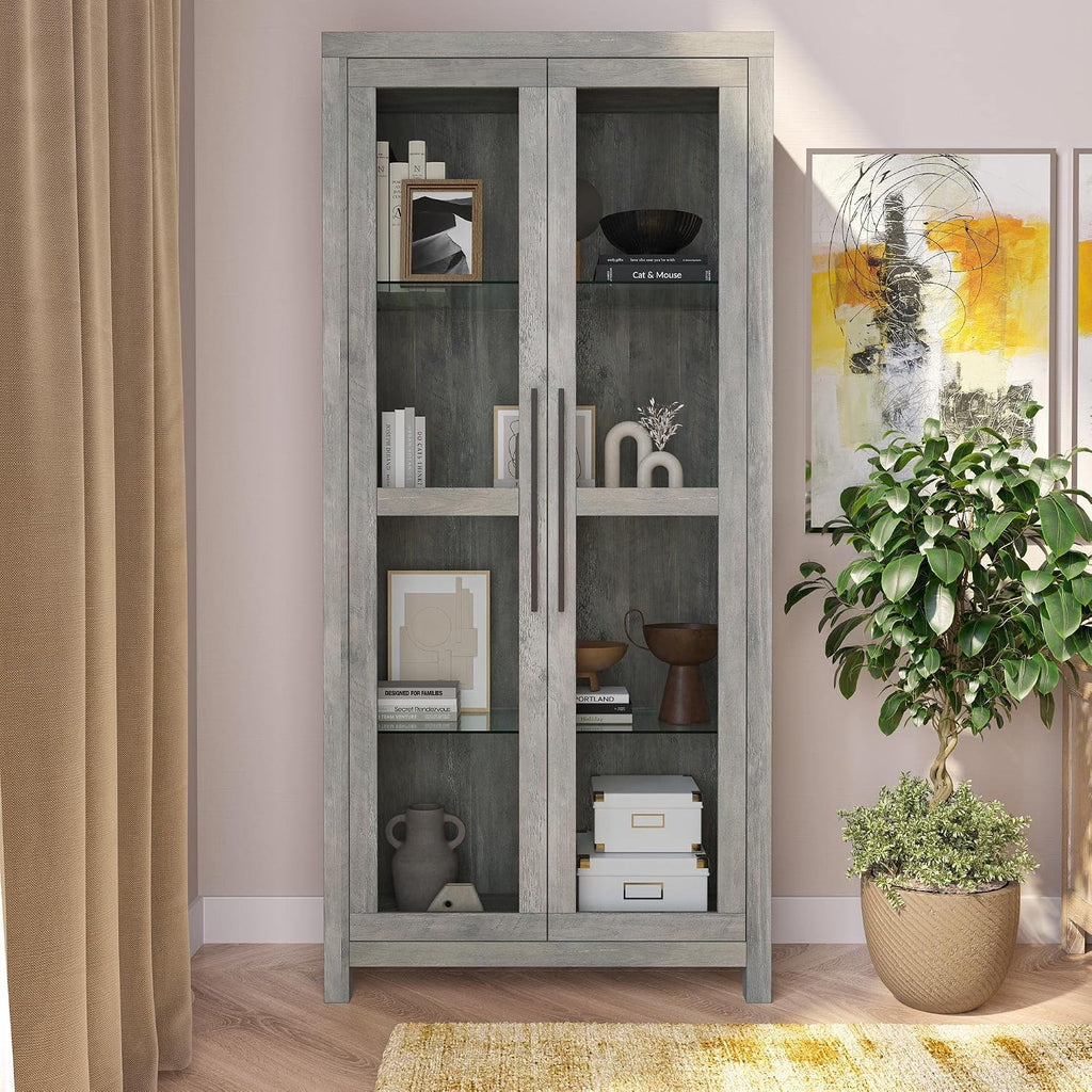 68" Avalon Glass Display Cabinet - Gray Wash | Adjustable Shelves,Tempered Glass Doors,Tall Curio Cabinet,Trophy