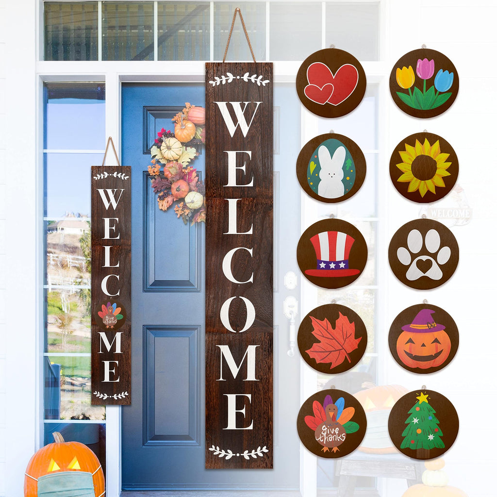 Welcome Sign for Front Porch Standing, Interchangeable Welcome Standing Sign with 5 Designed DoubleSided Icons for