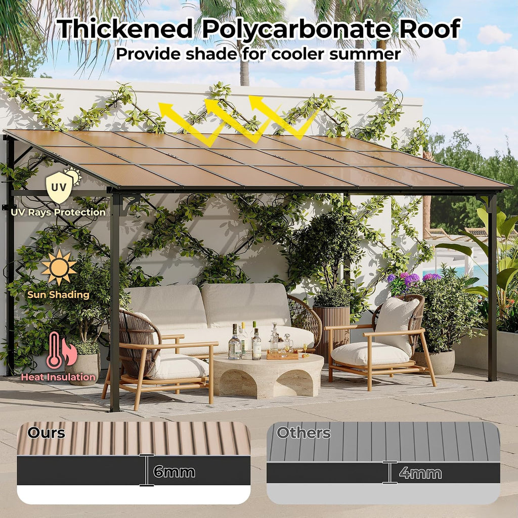 12' x 14' Hard Top Lean-to Gazebo - Aluminum Wall-Mounted Pergola with 6mm Roof Panels, Dark Brown