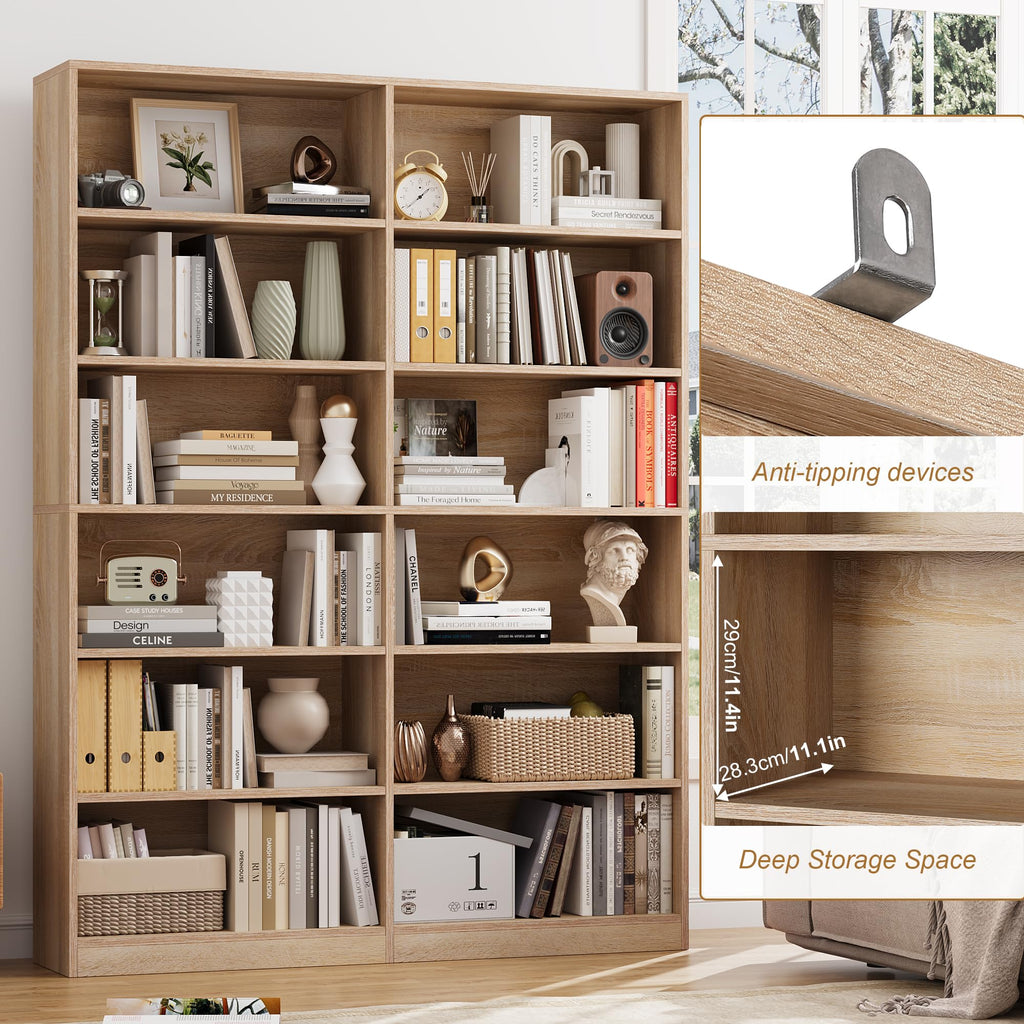Bookshelf Tall Bookcase, 6-Tier Double Wide Bookshelves, Light Oak
