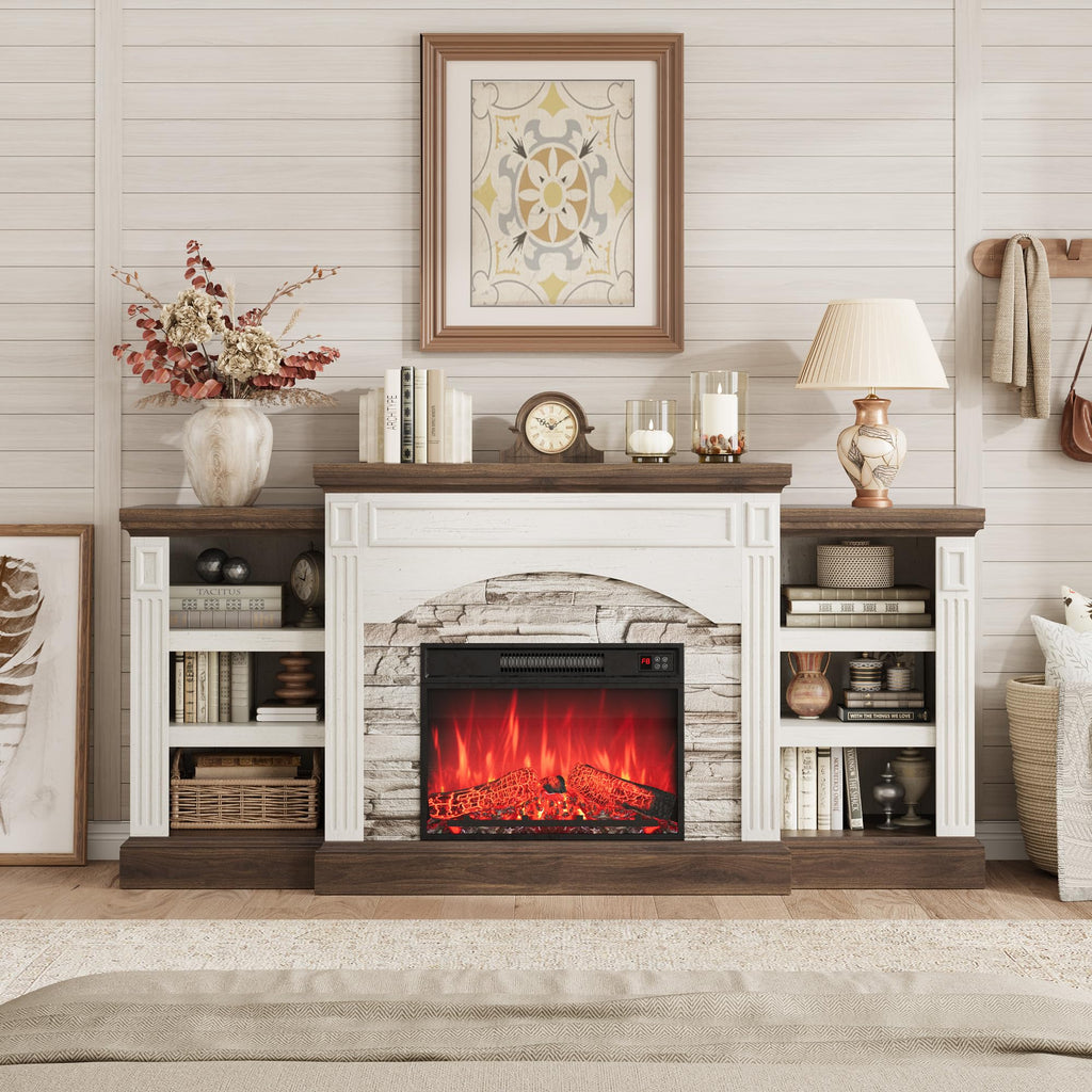 70" Farmhouse Electric Fireplace with Mantel, White and Brown