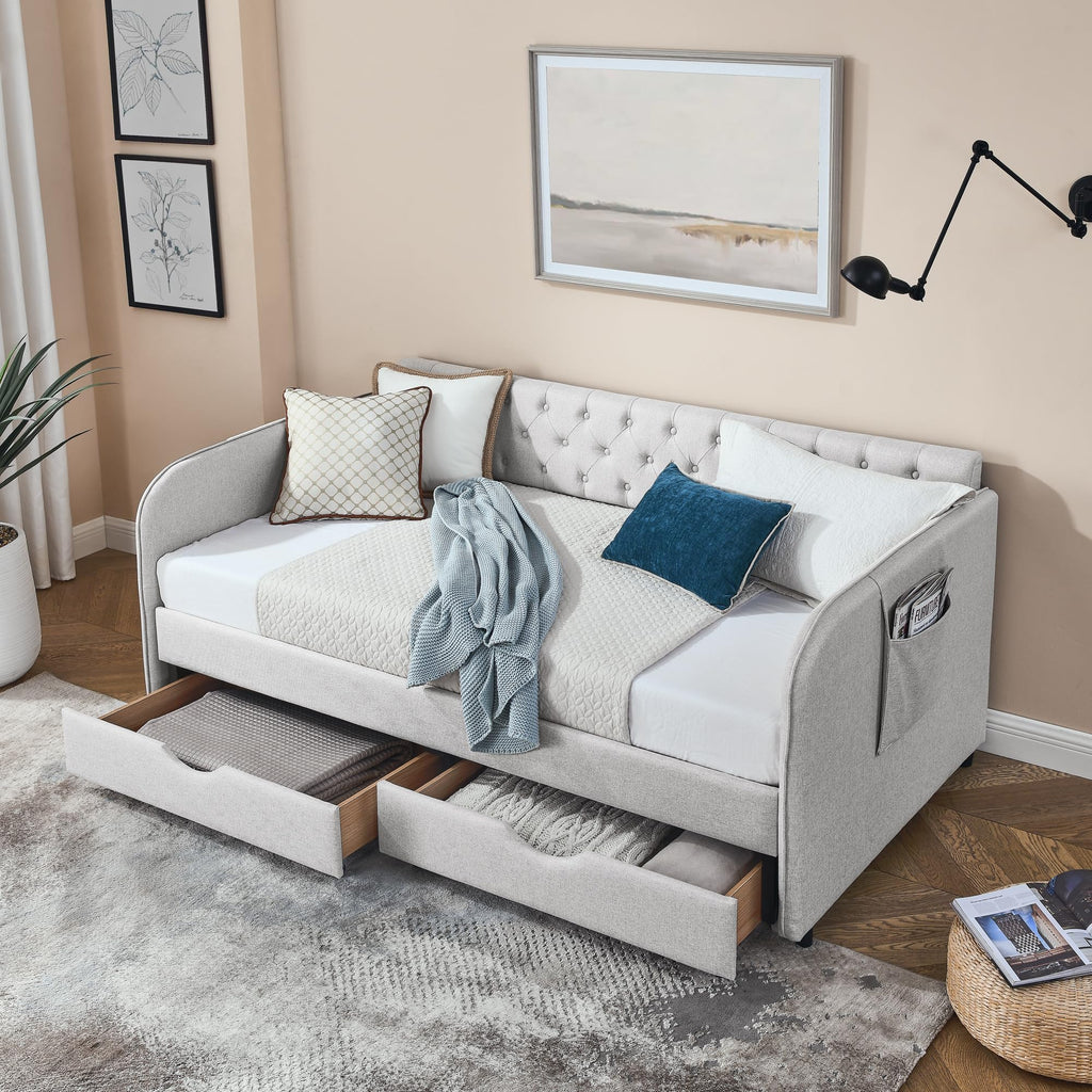 Twin to King Daybed Frame with Two Storage Drawers, Modern Upholstered Button Tufted Day Bed Nailhead Trim and Wood