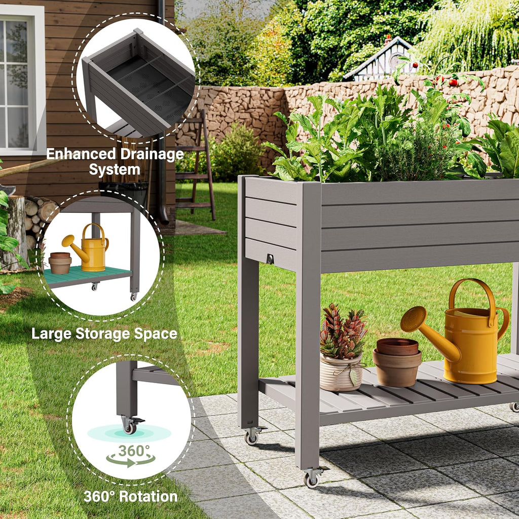 33.7" Tall Raised Garden Bed with Wheels, Divisible Plastic Planter Box with Drainage Gauge & Storage Shelf, Herb