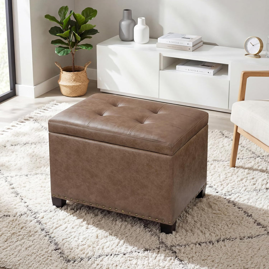 22" Storage Ottoman Coffee Table with Flip Top Tray, Tufted Faux Leather Footrest Stool with Nailhead Trim, Large