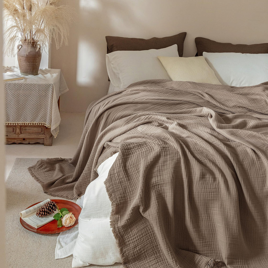 Muslin Fringe Blankets for Adults: 100% Cotton Cloud Soft