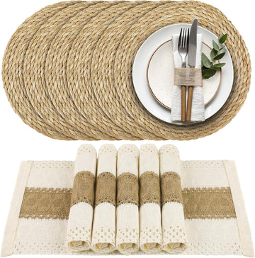 Set Handmade Boho Placemats Natural Cotton Burlap Table Mats, 6 Rectangle with Tassel & 6 Round Bulrush Placemats - Set of 12