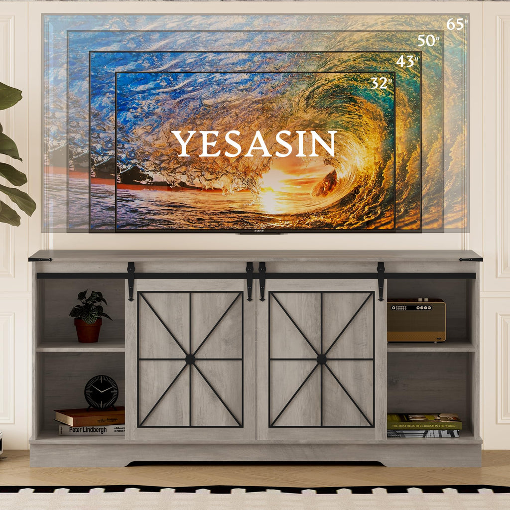 Farmhouse TV Stand for 65 Inch TV with Sliding Barn Doors Wood Gray