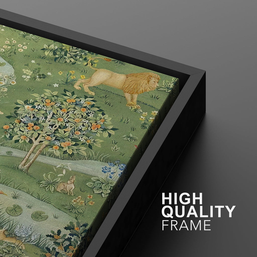 Framed Canvas Print Wall Art Set Enchanted Woodland Meadow with Lions, Unicorns, and Forest Wildlife Illustrations