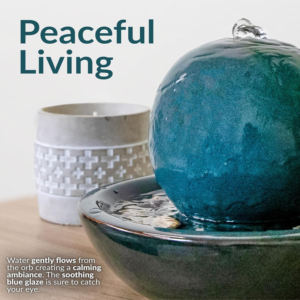 Tabletop Ceramic Tabletop Fountain with Orb - Relaxing Indoor Fountain for Meditation - Teal