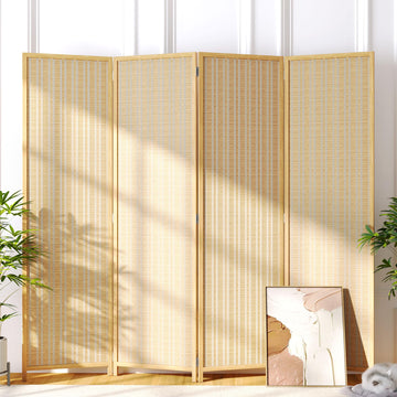Room Divider 4 Panel Folding Privacy Screen, Woven Bamboo, Wooden