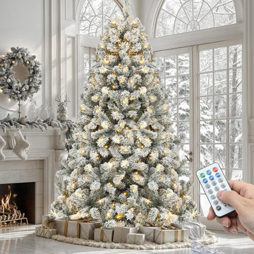 Prelit Snow Flocked Artificial Full Christmas Tree with Remote Control, Christmas Pine Tree with 11 Light-Modes