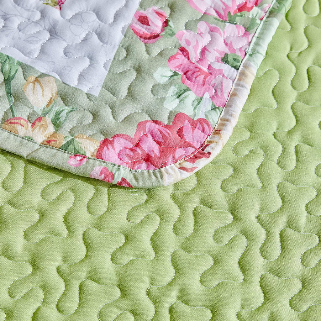 Patchwork Quilt Set, 3 Pieces Green White Pink Floral Plaid Reversible American Country Bedspread Coverlet