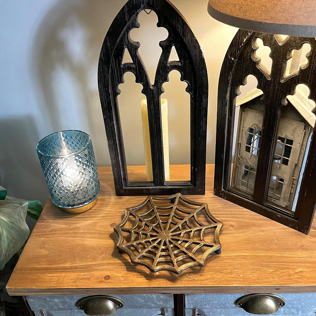 Cast Iron Trivet, Spider Web 8 Inch Bronze Gothic Hot Pad