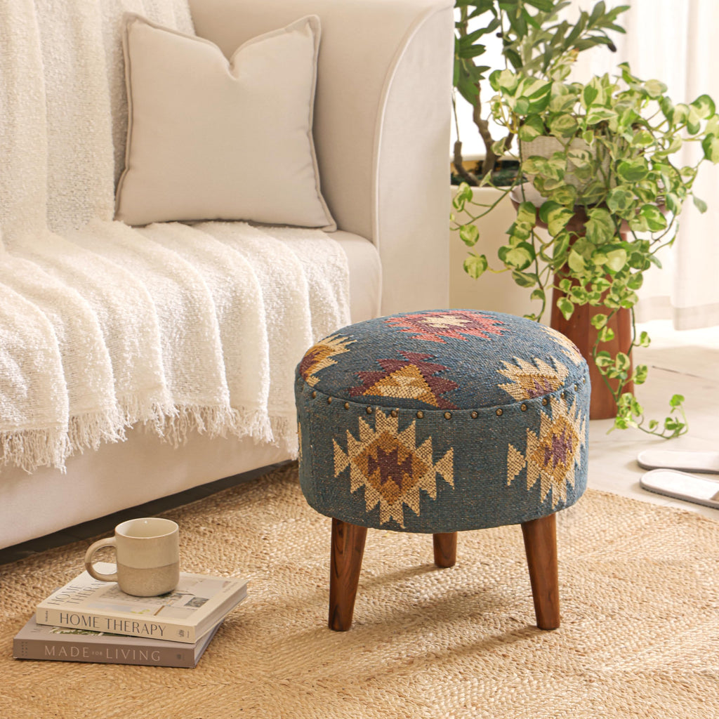 Handmade Kilim Jute Pouf Ottoman Stool | Round Upholstered Seating with Acacia Wood Base | Decorative Foot Rest &