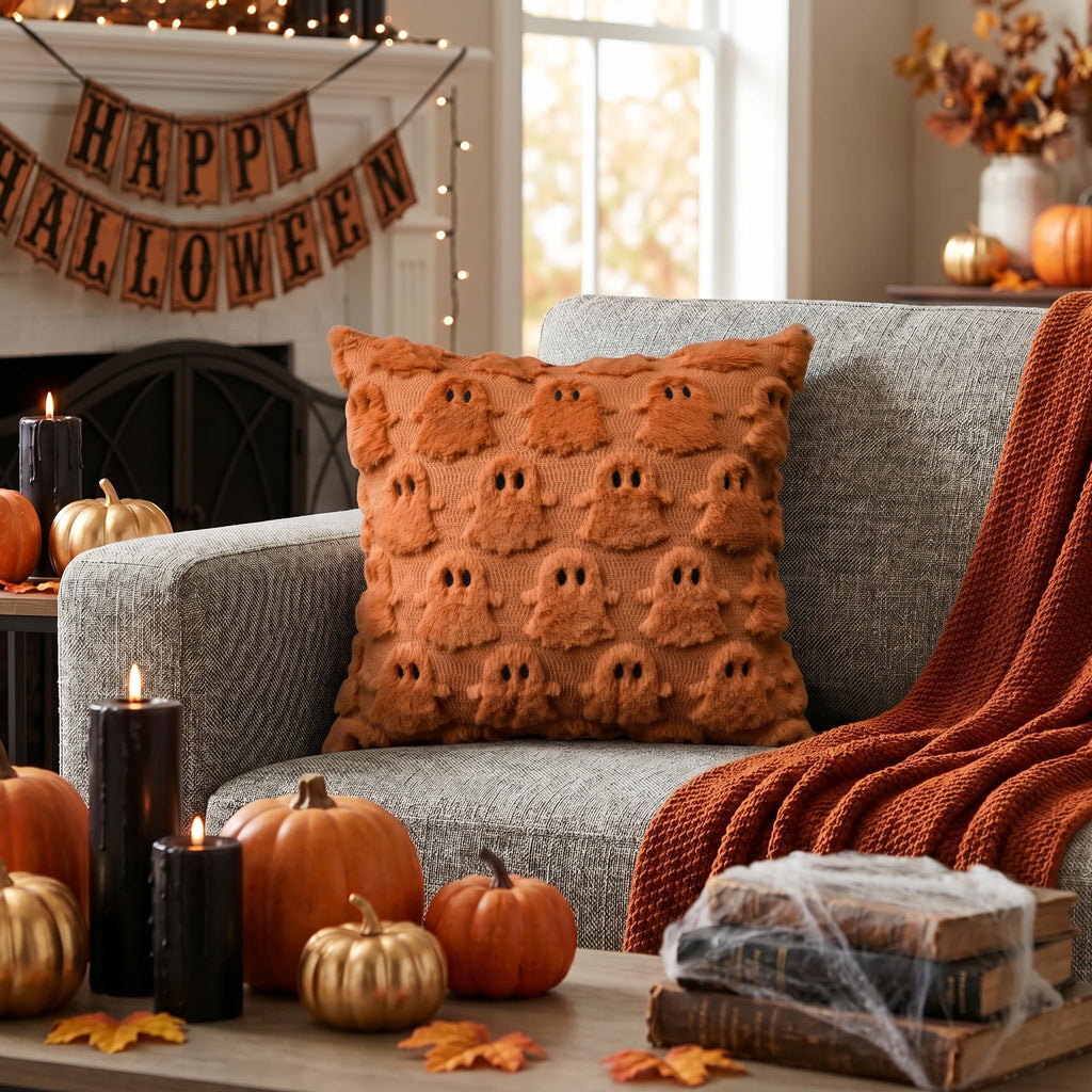 Halloween Ghost Caramel Throw Pillow Cover Set of 2, 20 x 20 Inch Soft Plush Faux Fur Jacquard Spooky Cushion Case