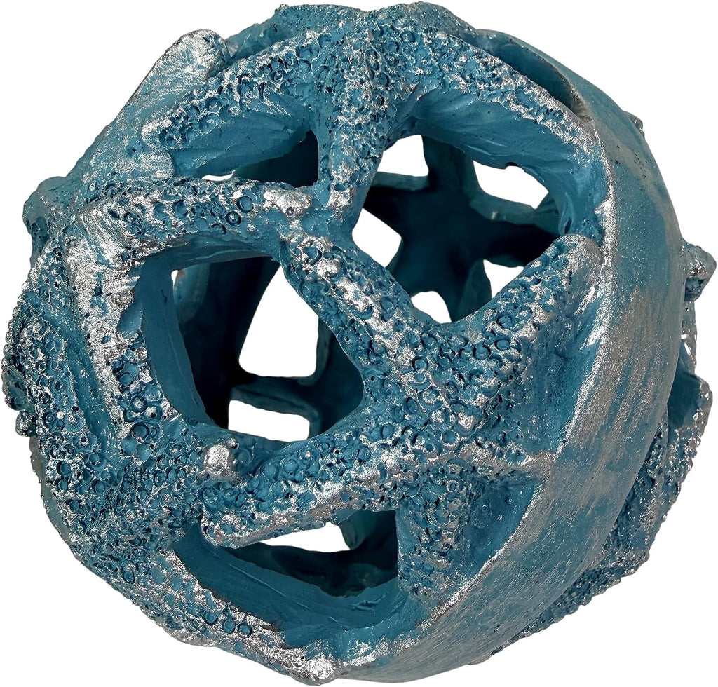 Decorative Orbs Coastal 4 Inch Resin Decorative Balls Set of 3 with Starfish Openwork Design, Blue Aqua Sand and