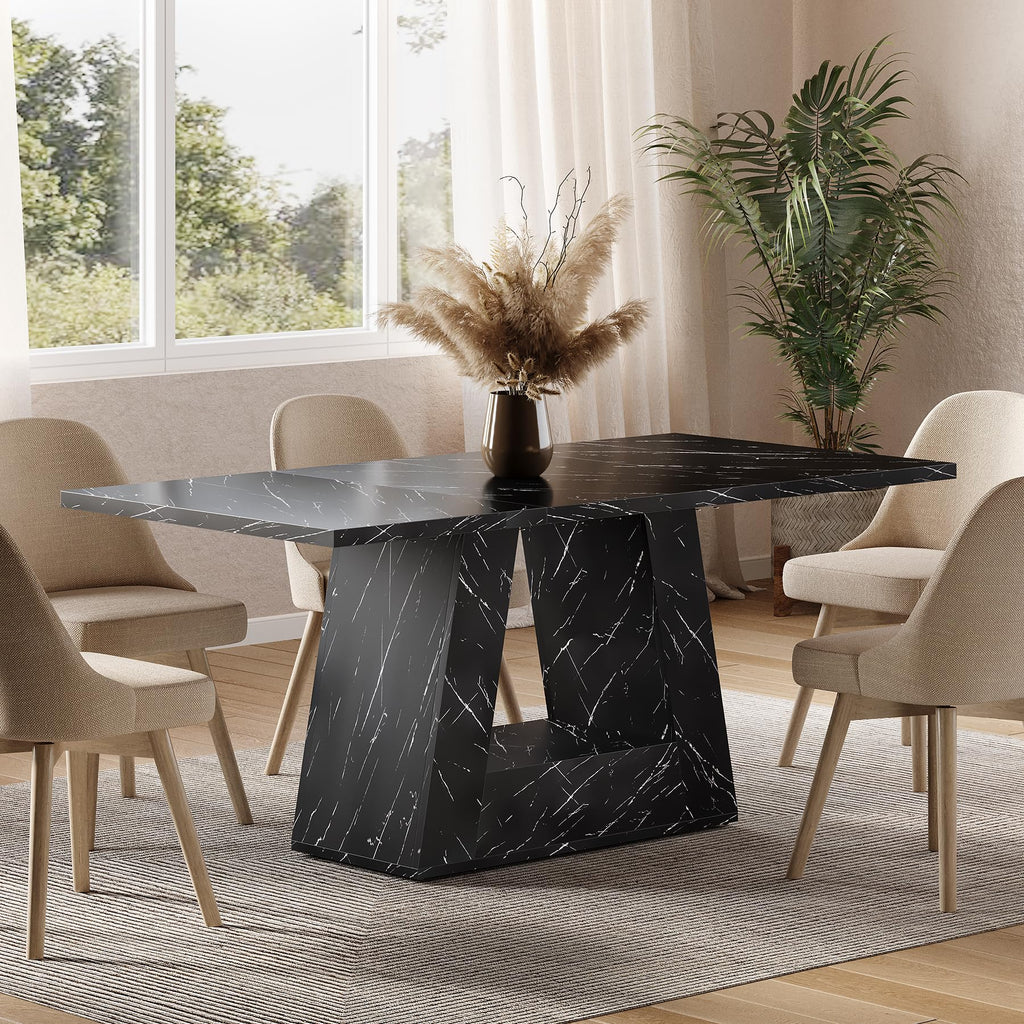 Inspired Saarinen Style Dining Table for 4-6 People, 63 Inches Dining Room Table with Wooden Triangle Pedestal Base, Black Faux Marble