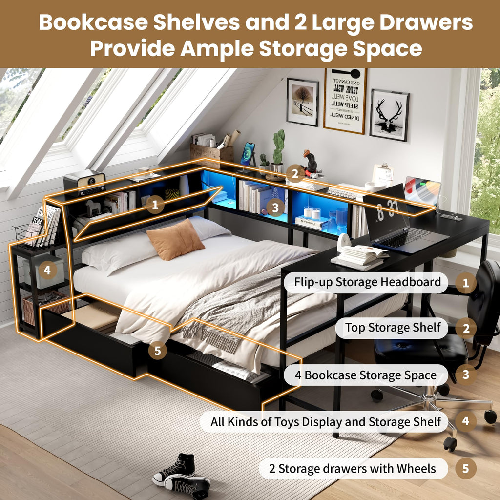 Corner Bed Frame with Storage Bookcase and Led Lights, Twin Size Metal Platform Bed Frame with Storage Drawers and