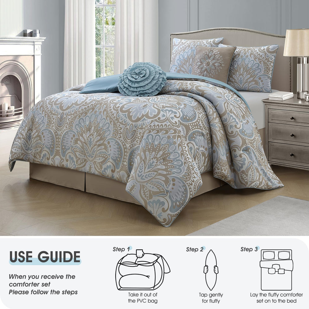 Blue Gold 6 Piece Comforter Set, King, Elegant Floral Jacquard, Ultra Soft Bed Set for All Seasons, Bed in a Bag