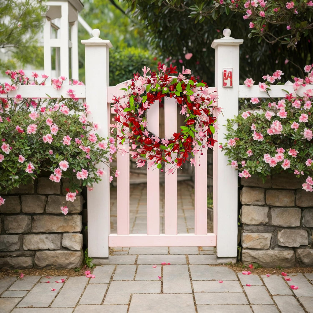 20 Inch Valentine's Day Wreath, Valentines Day Wreaths for Front Door with Pink Forsythia Flowers, Heart Shaped