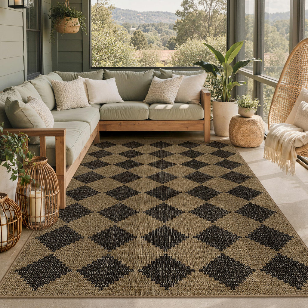 Outdoor Rug, Washable Deck, Checkered Easy Jute