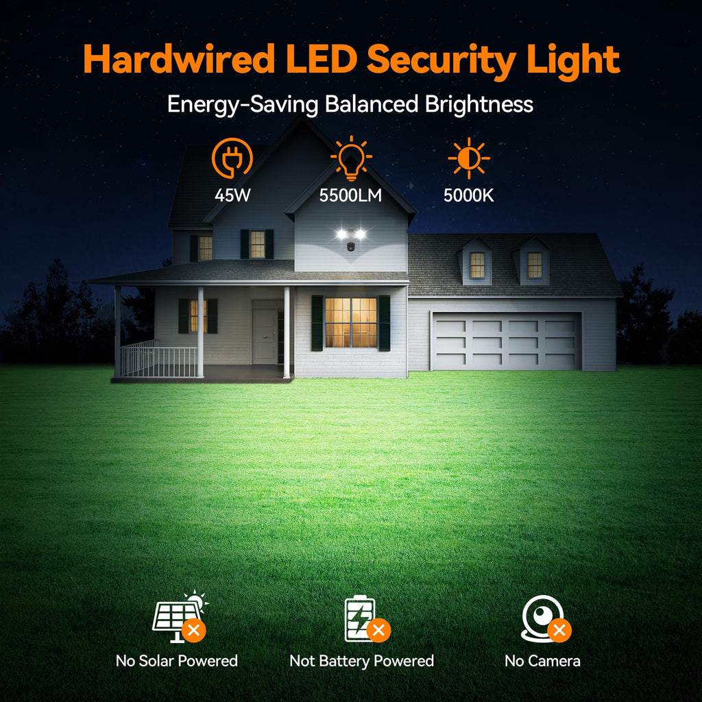 45W PIR Motion Sensor Outdoor Lights, Dual Head LED Flood Light, 5000K Daylight, IP65 Waterproof Hardwired