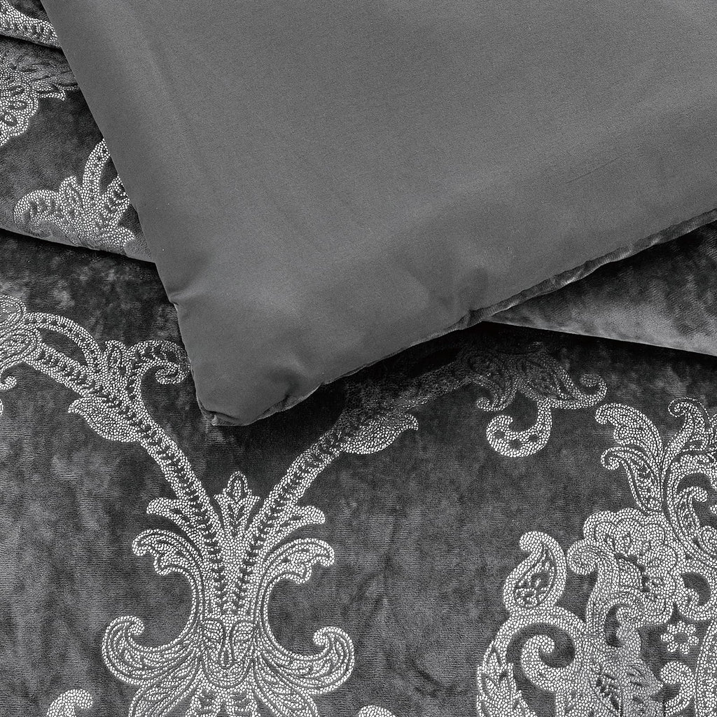 Metallic Print Comforter Set, Distressed Velvet Face with Metallic Foil Print and Brushed Solid Microfiber Reverse