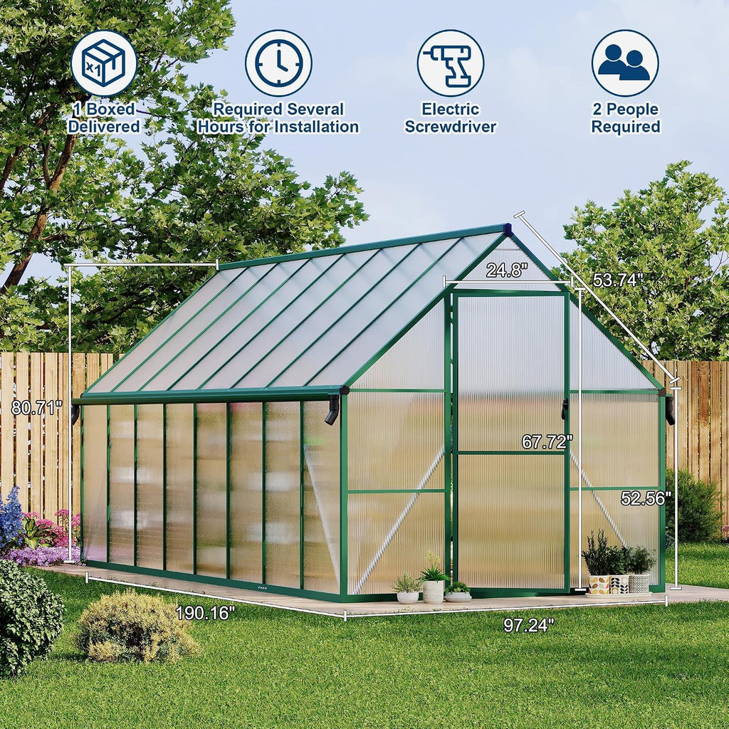 8 x 16 ft Outdoor Polycarbonate Greenhouse Kit, Heavy Duty Greenhouse with Reinforced Aluminum Frame, Adjustable Roof