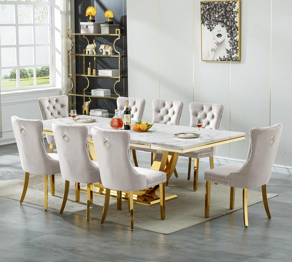 94.5" Large Marble Dining Table Set for 8, Luxury White Gold Kitchen Table with 8 Beige Velvet Dining Chairs, Modern