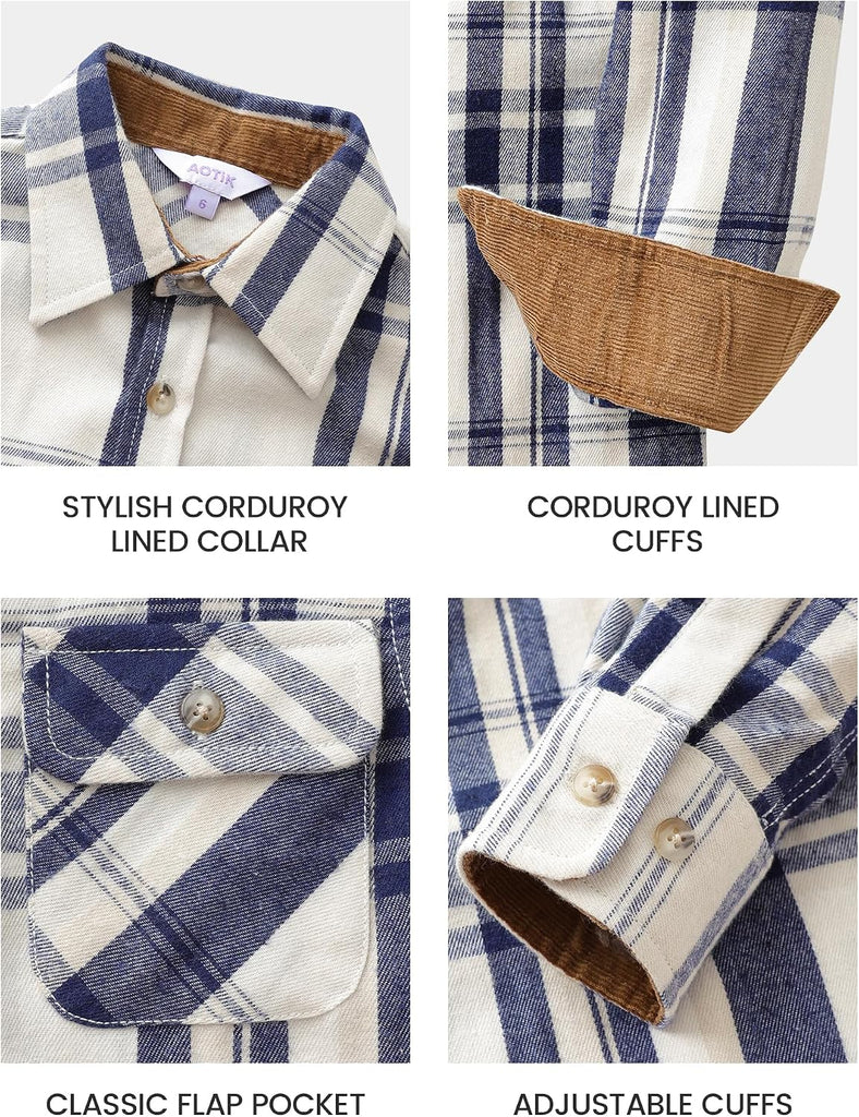 6 oz Boys Flannel Shirts Long Sleeve Brushed Plaid Button Down Shirt