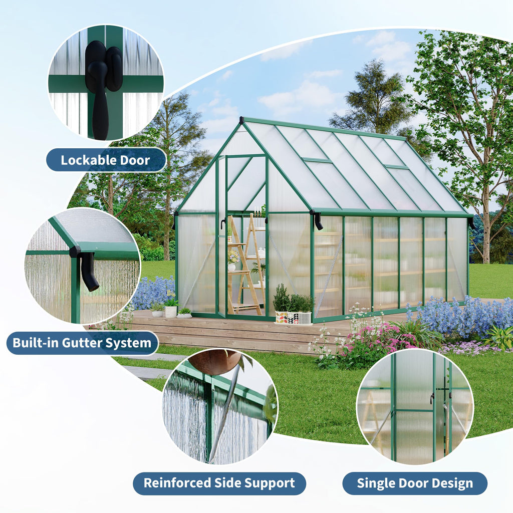 8'X14' Aluminum-Framed Polycarbonate Greenhouse, Heavy Duty Polycarbonate Greenhouse with Quick Setup Structure and