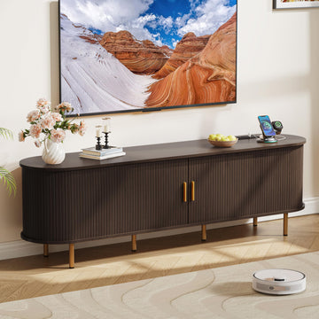 70.8" Mid Century Modern TV Stand with Power Outlet for TVs up to 80 Inch, Entertainment Center with Storage and