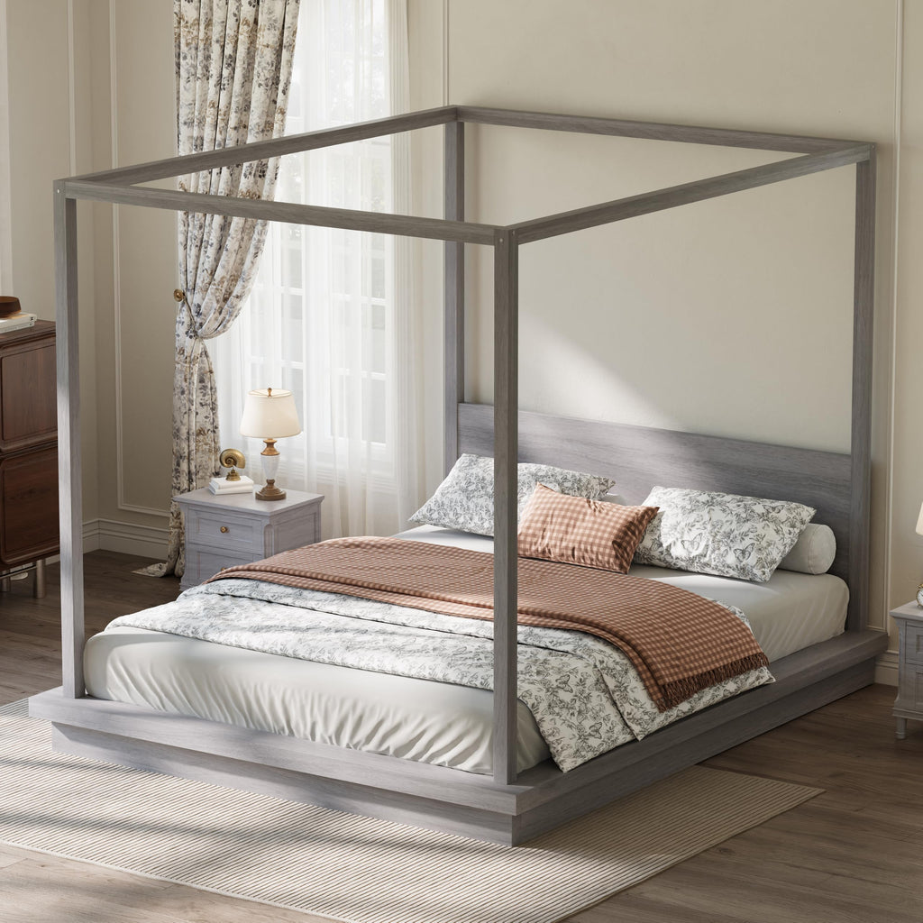 Wooden Canopy Bed Frame Gray Vintage Rustic