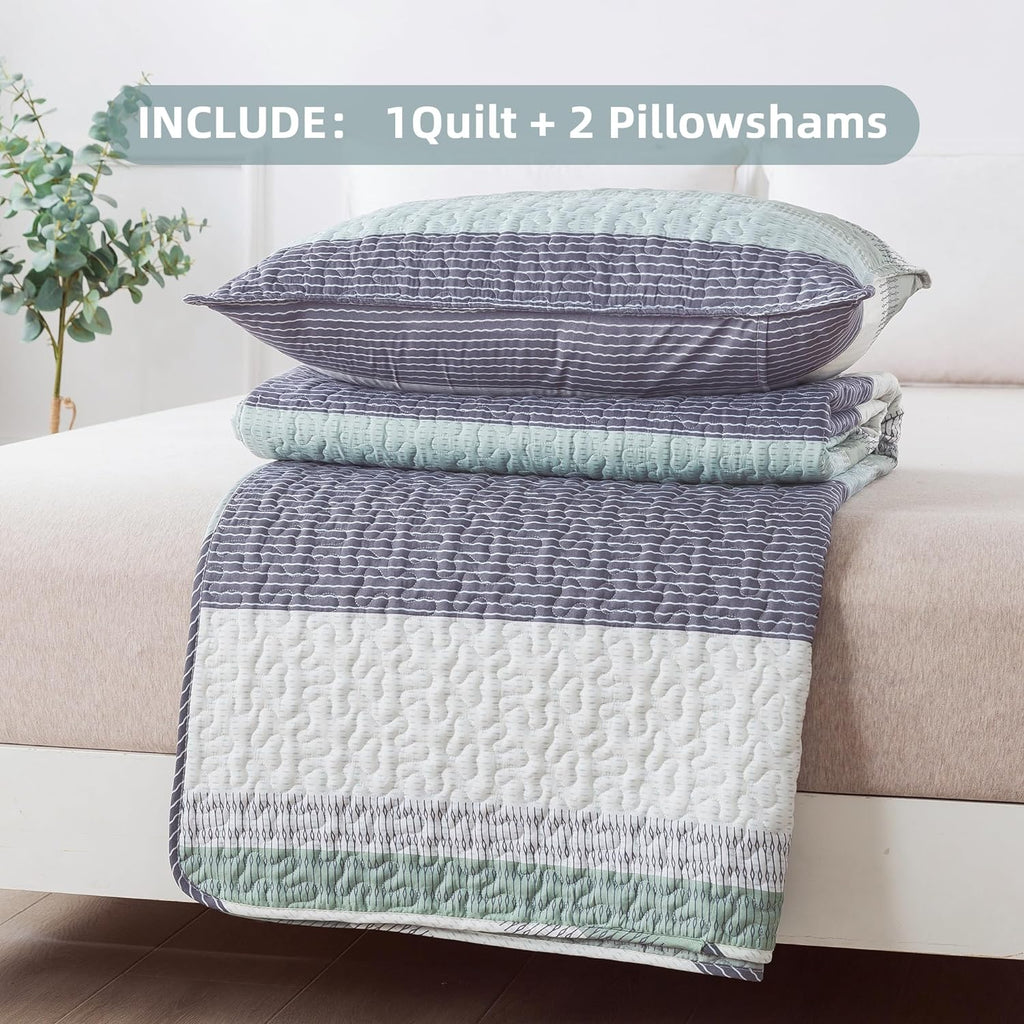 Queen Quilt Bedding Set Sage Green, 3 Pieces Patchwork Mint Green Striped Ultra Soft Lightweight Bedspreads