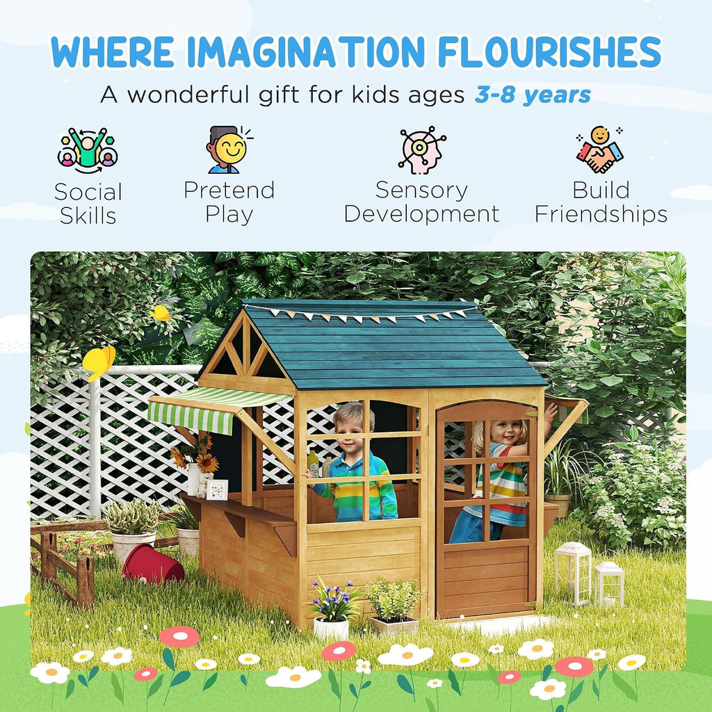 Robust Foldable Playhouse with Full Glass Windows, Operable Hinged Door, Convenient Snack Station, Waterproof Roof