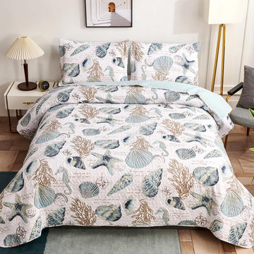 Coastal Quilt Set Beach Themed Bedding Summer Quilts Set Lightweight Reversible Bedspread Coverlets