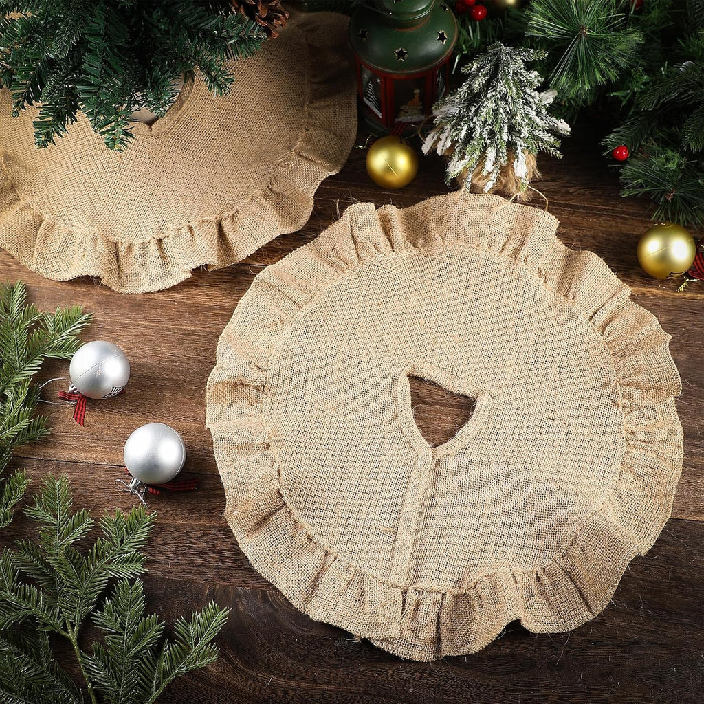 Christmas Tree Skirt 15 Inch Small Xmas Tree Mat for Christmas Holiday Party Decorations(Flax,Farmhouse,Fawn) - Set of 2