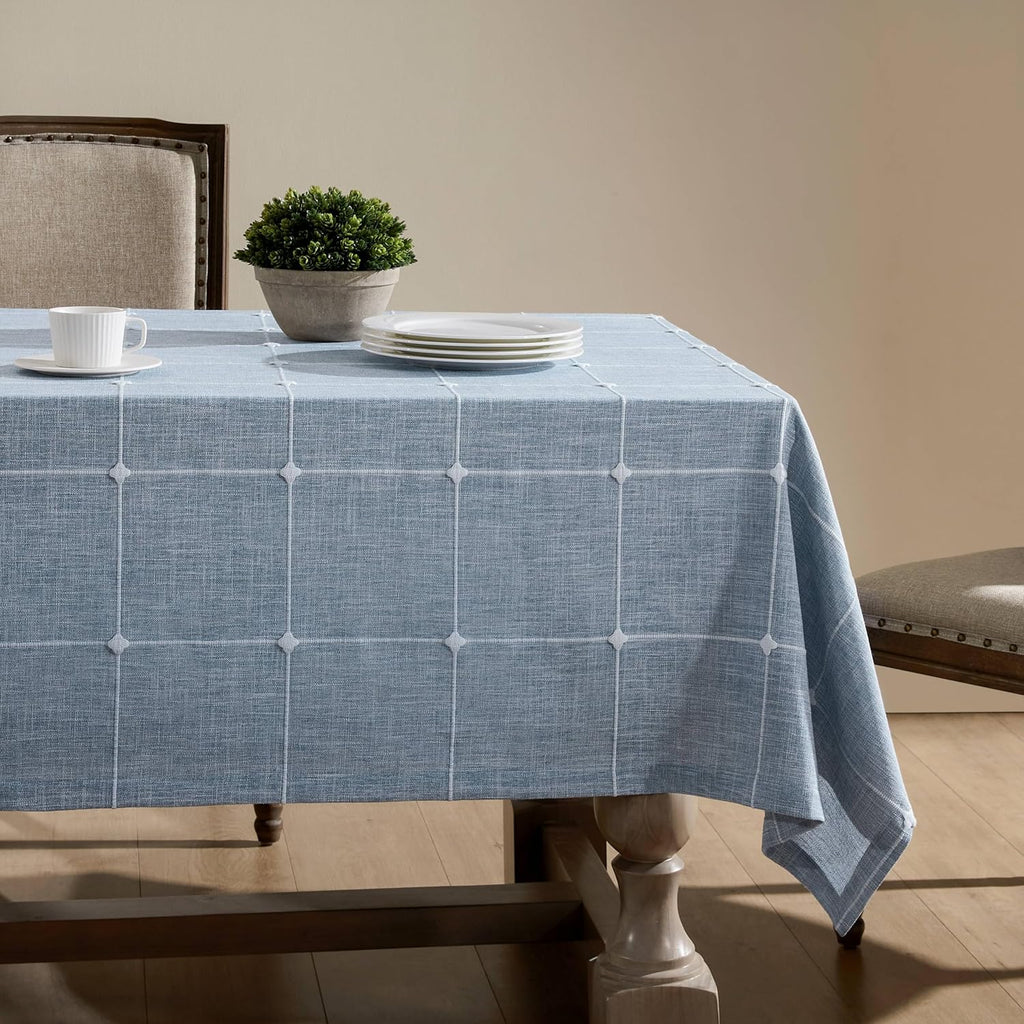 Grid Embroidered Hemmed Tablecloths, Blue 60x120 Inch, Farmhouse Style Heavy Weight Cotton Linen Dus