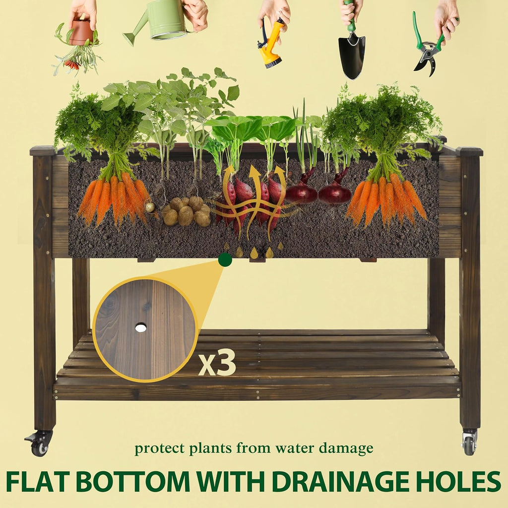 48x24x33in Cedar Raised Garden Bed, Planter Raised Beds with Lockable Wheels, Storage Shelf, Raised Garden Beds