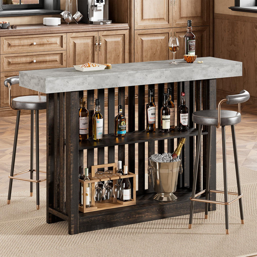 63" Long Bar Table - Counter Bar Height Pub Table with 2 Tier Storage Shelves, Modern Coffee Breakfast Bar Unit