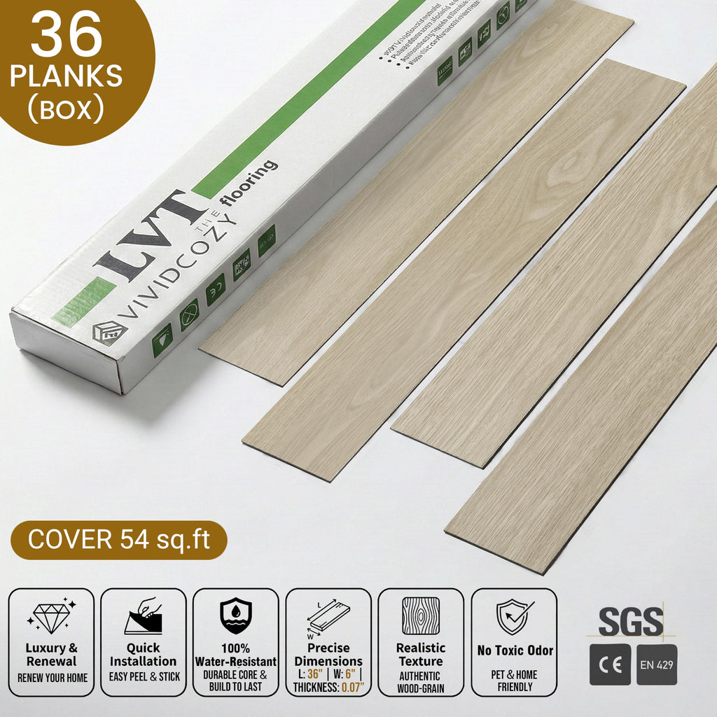 Waterproof Peel and Stick Floor Tile, 54 Sq.Ft Washed Beige Vinyl Flooring