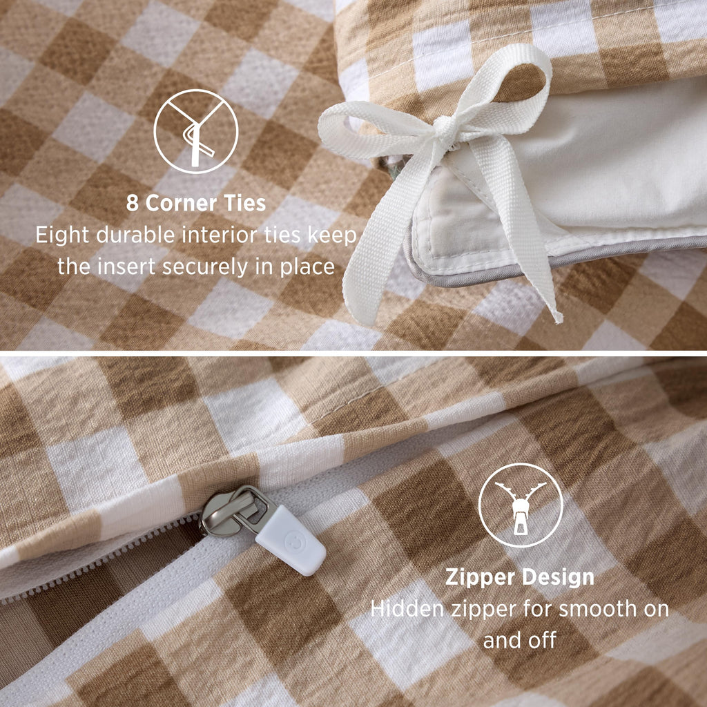Brown Gingham Ruffle Duvet Cover Set, Cotton-Like Quilt Cover