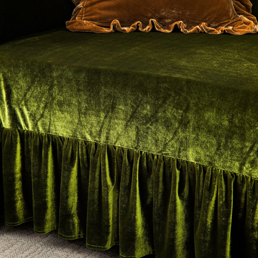 Velvet Sofa Cover Soft Decorative Luxurious Solid Exquisite Ruffle Trim, Retro Farmhouse Vintage Sofa Slipcover Couch