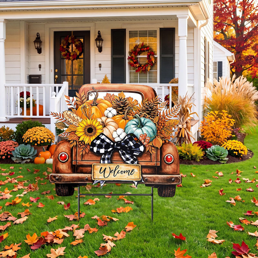 Fall Decor Outdoor Metal Pumpkin Truck Welcome Yard Sign with Bow